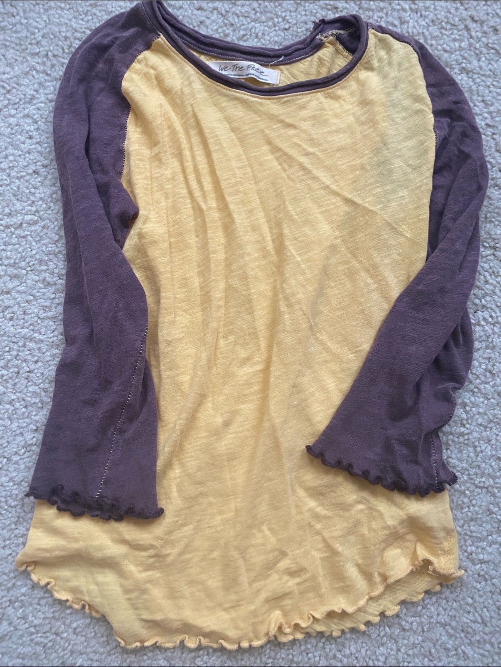 We The Free new Two-Tone Yellow Body with Purple Raglan Long Sleeve Top S